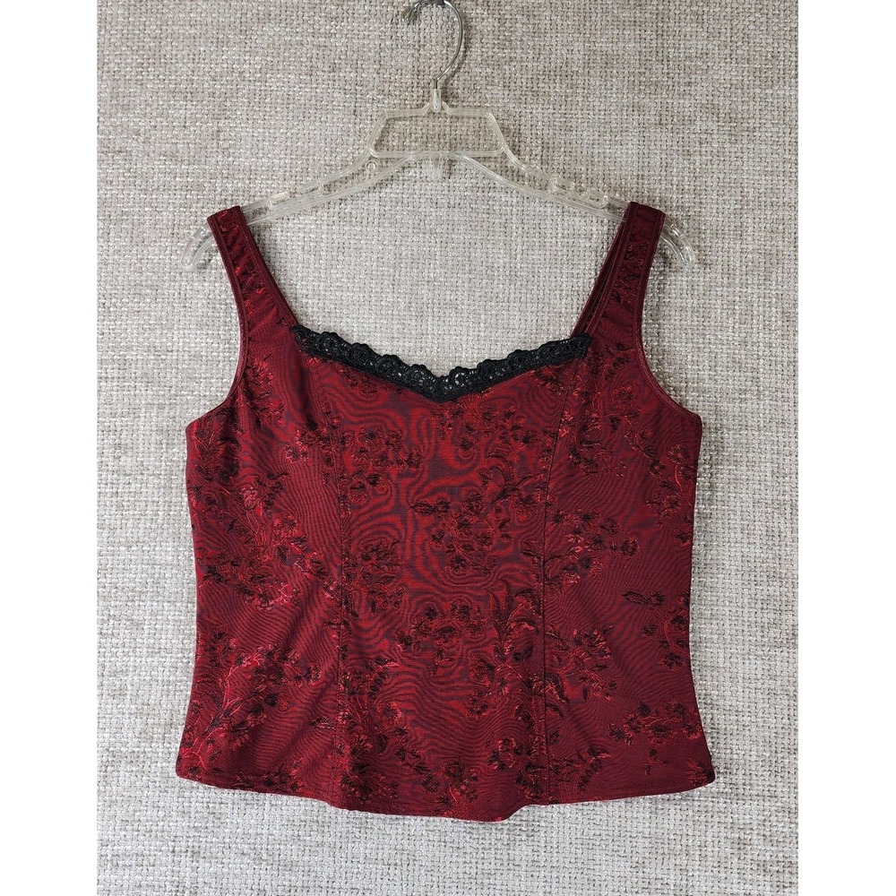 Y2K Arianne Lace Trim Floral Corset Tank Womens *M-XL Red Jaquard Whimsigoth VTG